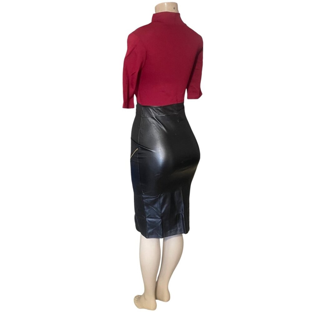 Vijo Couture Two-Tone Mock Neck Leatherette Side Slit Dress – Half Sleeve Size S - Picture 3 of 9